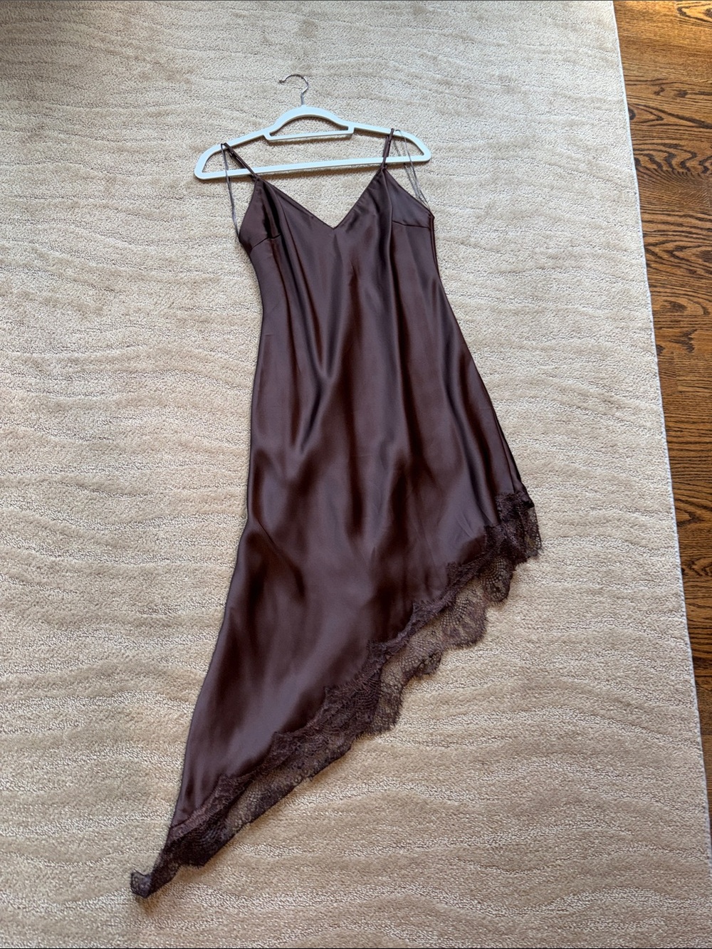Zara Satin Slip Dress with Lace Hem in Deep Brown - Picture 6 of 17